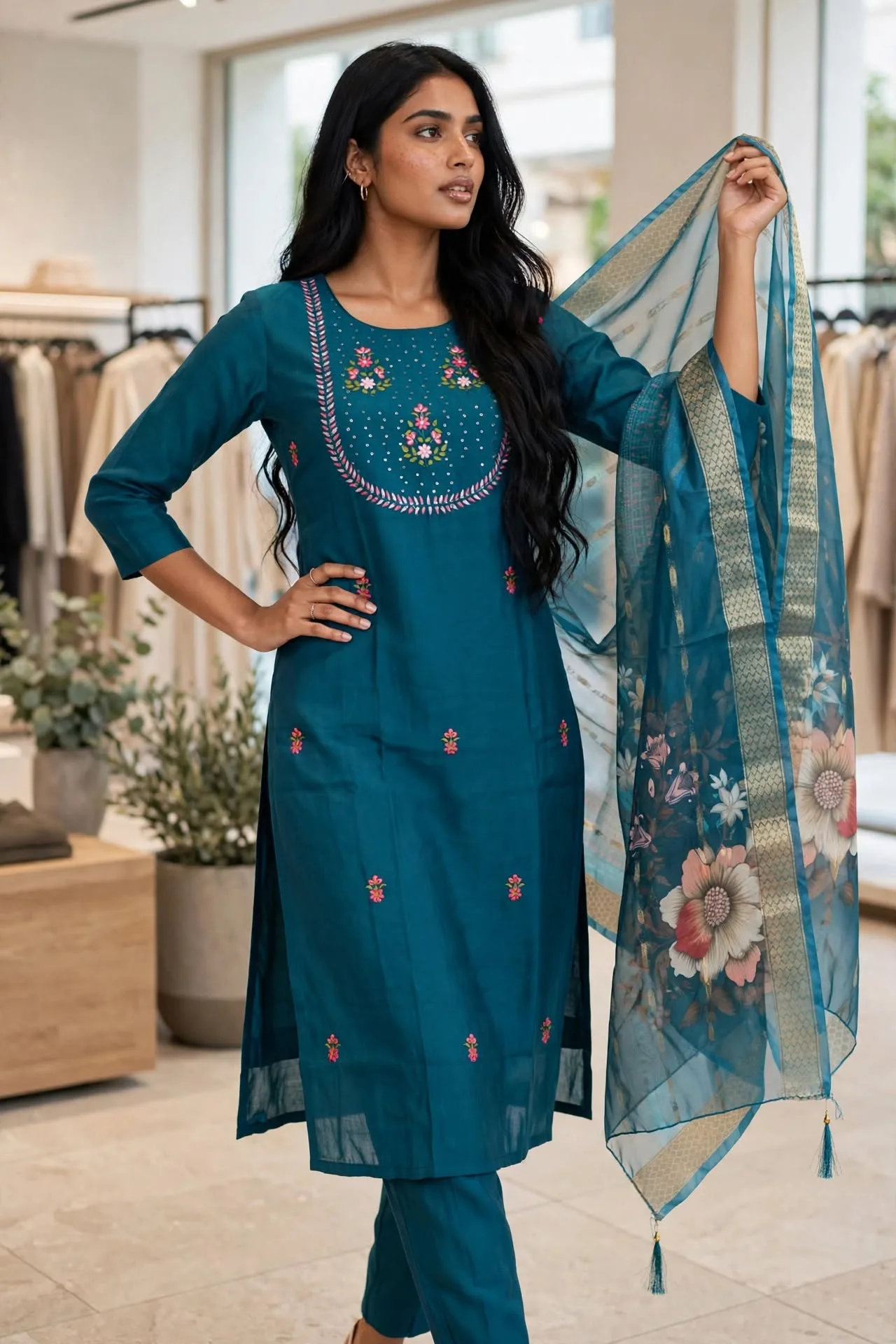 Teal Embroidered Kurta Set